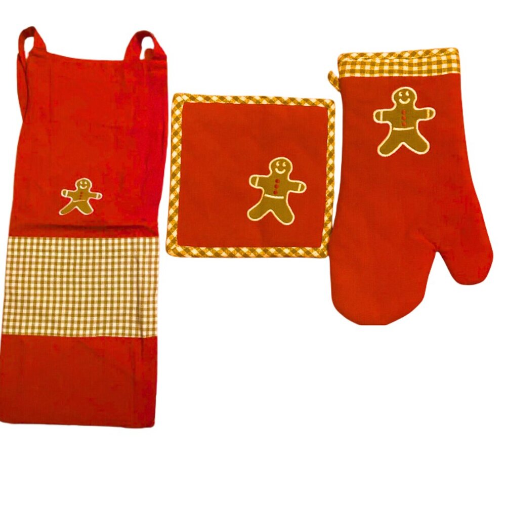Gingerbread Baking Set Apron Pot Holder Oven Mitt Christmas Adult OSFM